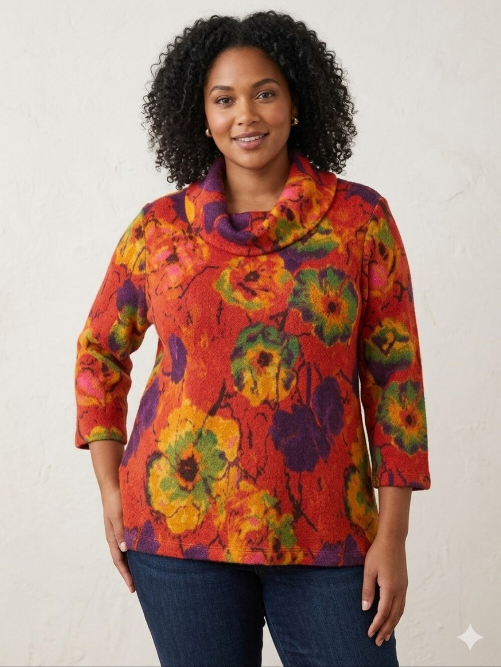 Ali Miles Cowl-Neck Floral Sweater in Red Multi Color, Size 2X